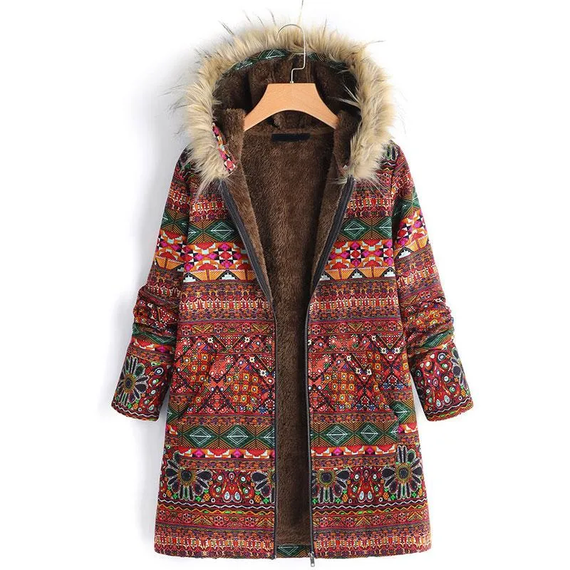 Mulheres Casacos Mulher 2021 Estilo Nacional Mulheres Outono Inverno Inverno Manga Com Capuz Casaco Vintage Padrão Folk Pattern Senhoras Fleece Casacos Outwear