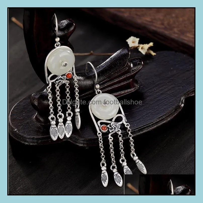 Original Design Natural Hetian Jade Safe Buckle Tassel Luxury Earrings Chinese Retro Aristocratic Charm Women`s Silver Jewelry Dangle &