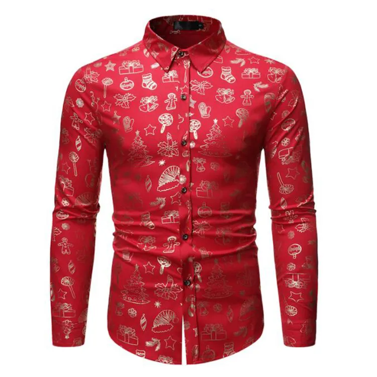 Moda Czerwony Mężczyzna Boże Narodzenie Koszulka Casual Slim Fit Xmas Prezent Print Mens Dress Koszule Długi Rękaw Przycisk Down Chemise Homme Top