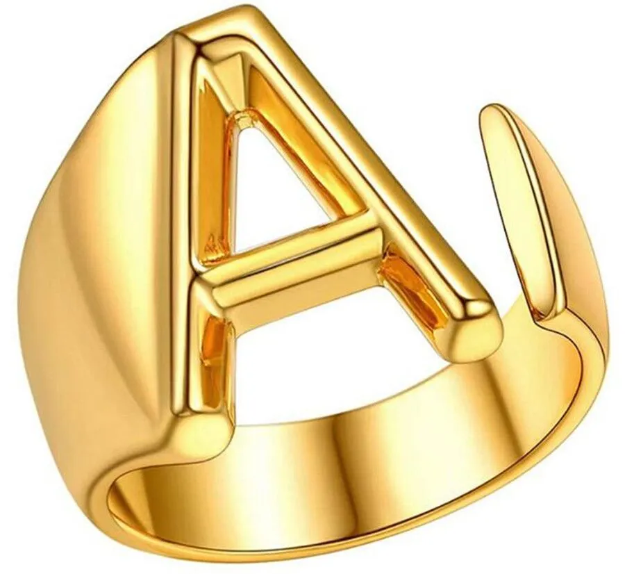 ホローA-Zレターゴールドカラーメタル調整可能なオープニングリングイニシャル名アルファベット女性パーティー分厚いワイドトレンディフレンズギフト婚約ジュエリー