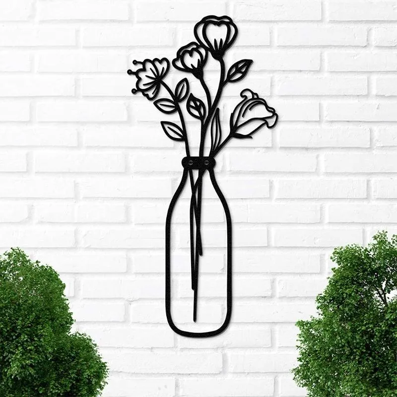 ウォールステッカーメタル​​アイアンフラワー花瓶アート装飾飾り黒ぶら下げ彫刻リビングルームキッチンベッドルームギフト