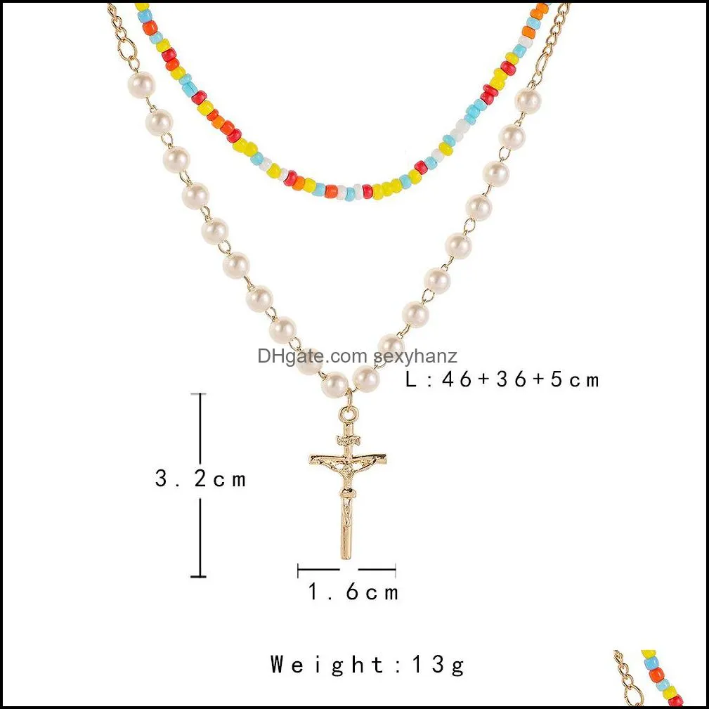 S1708 Hot Fashion Jewelry Double Layer Chain Faux Pearls Colorful Beads Necklace Cross Pendant Necklace