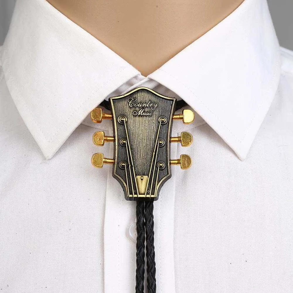 Bolo Ties Music Guitar Heads Copper and Silver Color Bolo Tie för Man Cowboy Western Cowgirl Lather Rope Zinc Eloy Slide HKD230719