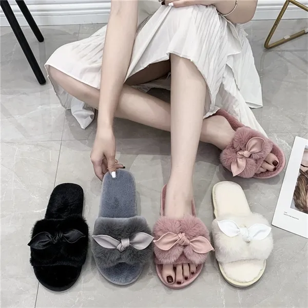 COOTELILI Woman Slippers Winter Shoes For Women New Fashion Faux Fur Flat Heel Slippers Women Shoes Bow Decoration Basic 36-41 Y1120