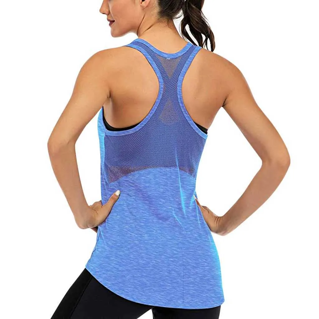 Summer Women Solid Colors Fitness Workout Tank Tops Sleeveless Mesh Back Tops Racerback Muscle Sport Loose Tops Plus Size#p3 Y0824