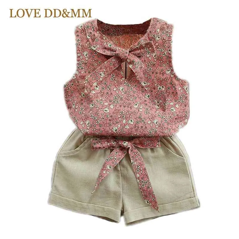 LOVE DDMM Set di abbigliamento per ragazze Summer Girls Fashion Floral senza maniche con fiocco Top Camicie + Pantaloncini Tute per costumi per bambini 210715