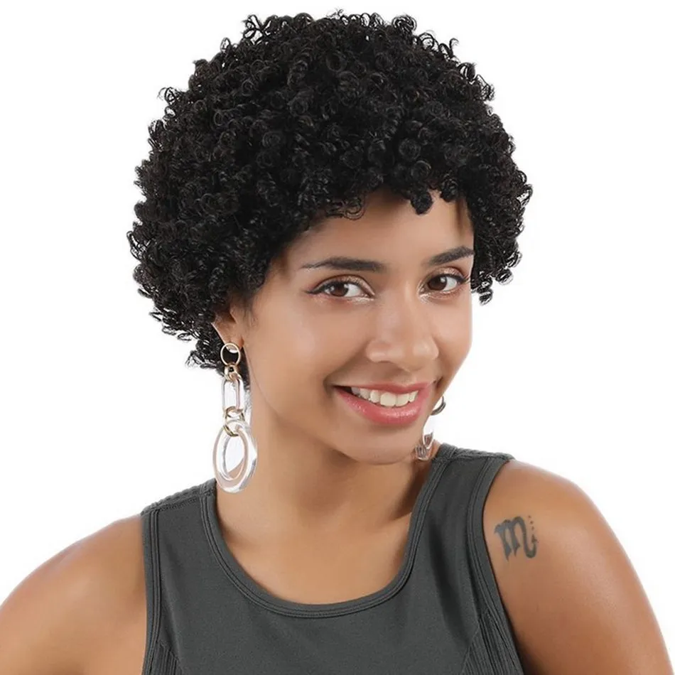 Pelucas de cabello humano peruano Afroamericano 130% Color natural Peluca rizada rizada apretada corta hecha a máquina