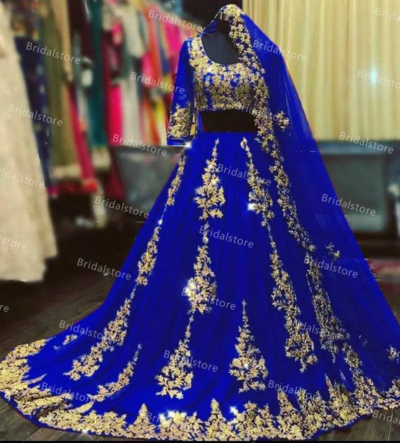 Sexy indien arabe robes de mariée rouge avec dentelle d'or 2021 deux pièces robe de mariée musulmane avec demi-manche bleu royal Dubaï pays mariée