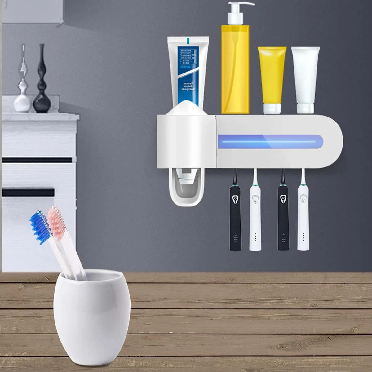 Portaspazzolino UV Dispenser di dentifricio a 4 slot Scatola di immagazzinaggio per spazzolino Montaggio a parete Detergente per la casa Sterilizzare accessori per il bagno - Rosa