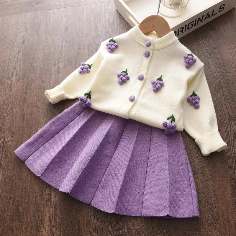 의류 세트 소녀 스웨터 세트 가을 어린이 자켓 탑 그림 체크 무늬 주름진 포도 공주 치마 2 피스 슈트