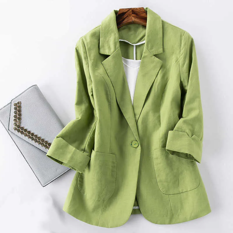 Bawełna i lniana mały garnitur damska kurtka jesień wiosna lato moda slim odchudzanie przycięte rękawy krótka koszula zielona 210930