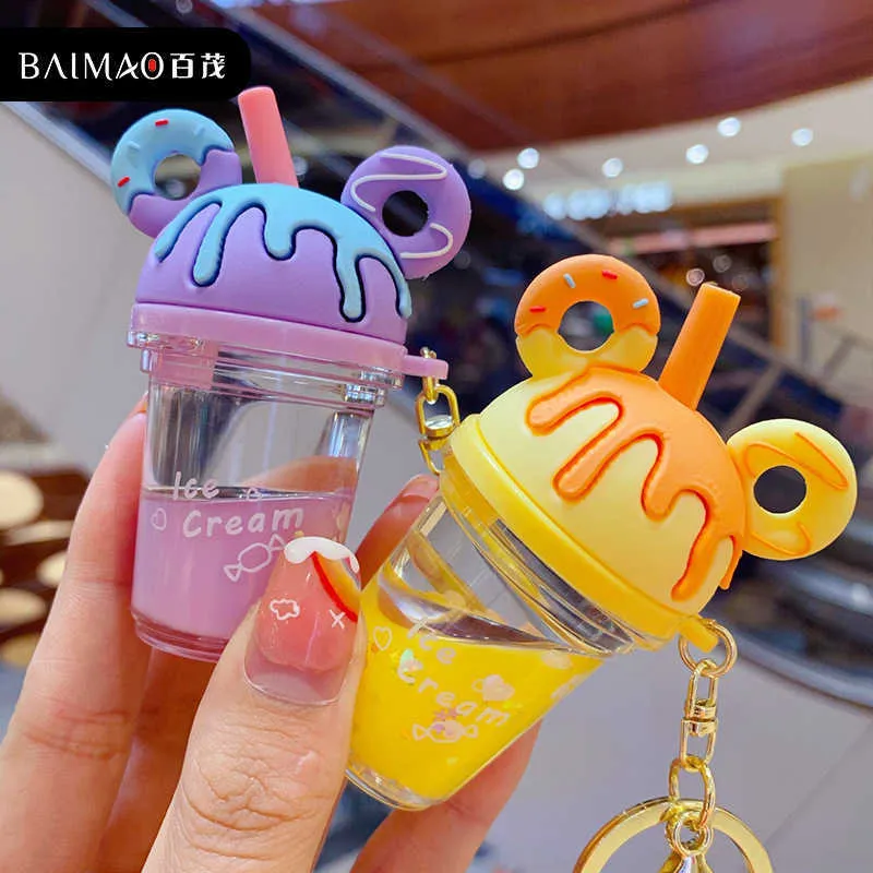 Liquid Glitter Cute Milk Tea Cup Key Chain For Bag Pendant Accessories Creative Car Key Chain Gift G1019