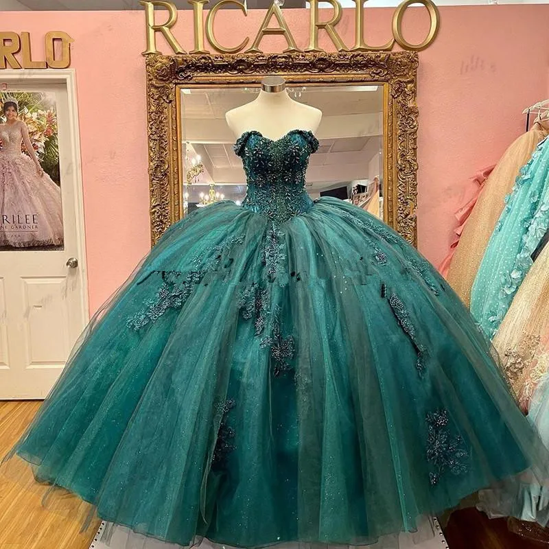 Green Off Shoulder Appliques Lace Ball Gown Sweet 15 Quinceanera Dress, DP3005