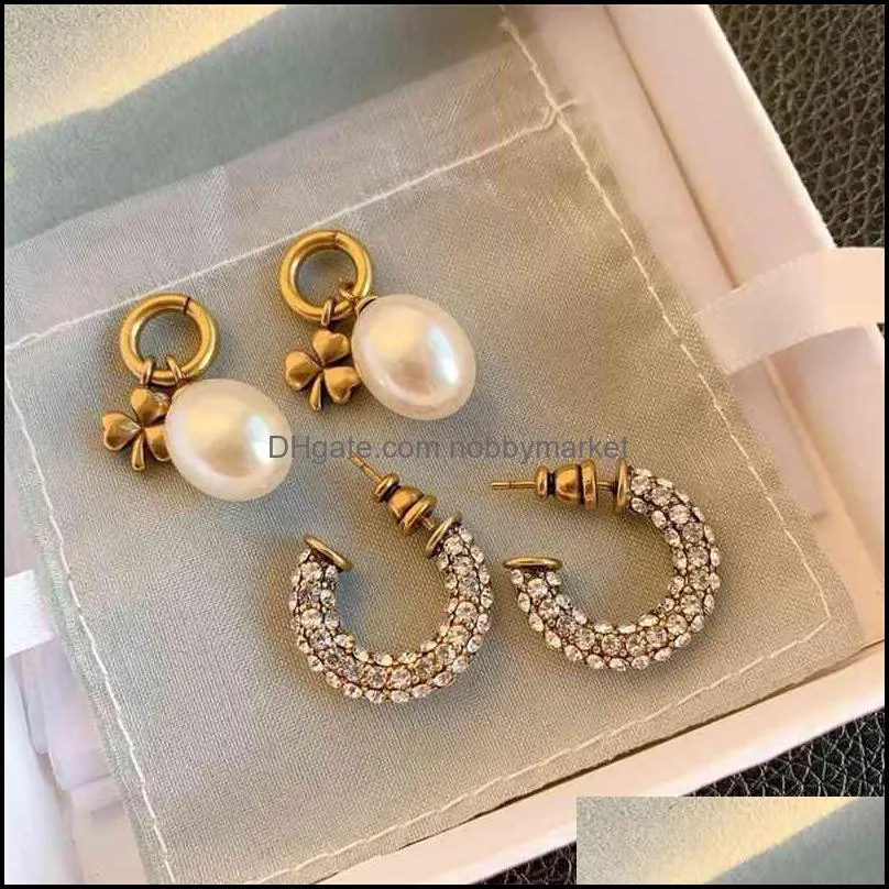 Luxury jewelry 1:1 high quality vintage clover and pearl stud earrings for women prevent allergy s925 post lady fashion earring 210323