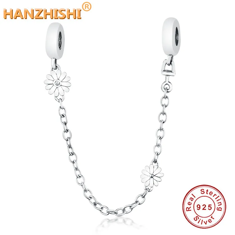 Fashion 925 Sterling Silver Daisy Flower Safety Chain Charm Beads Fit Original European Silver Charm Bracelet Necklace Jewelry Q0531
