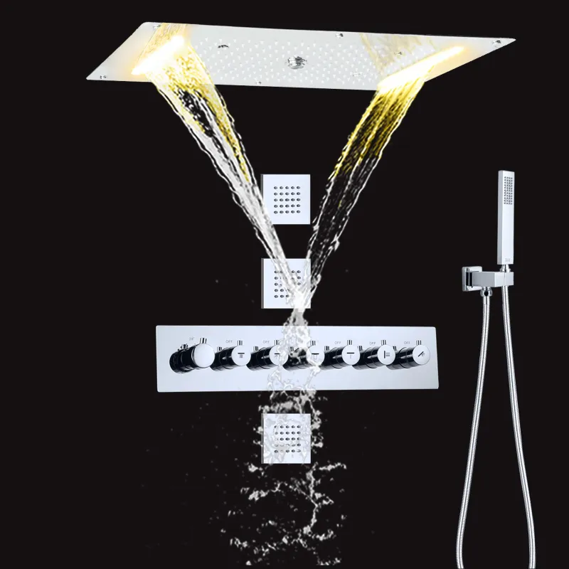 크롬 광택 샤워 헤드 70x38 CM LED 온도 조절 욕실 폭포 강우량 핸드 헬드와 버블 샤워 시스템