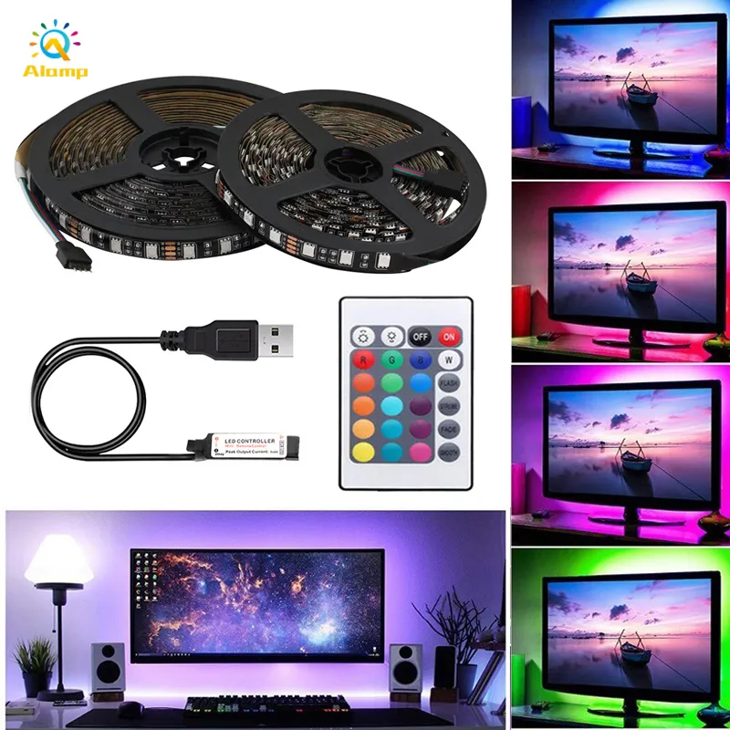 DC5V RGB LED قطاع ضوء 5050 ماء usb led قطاع 1 متر 2 متر 3 متر 4 متر 5 متر 60leds / م تلفزيون الخلفية مصباح الديكور مع جهاز التحكم عن بعد