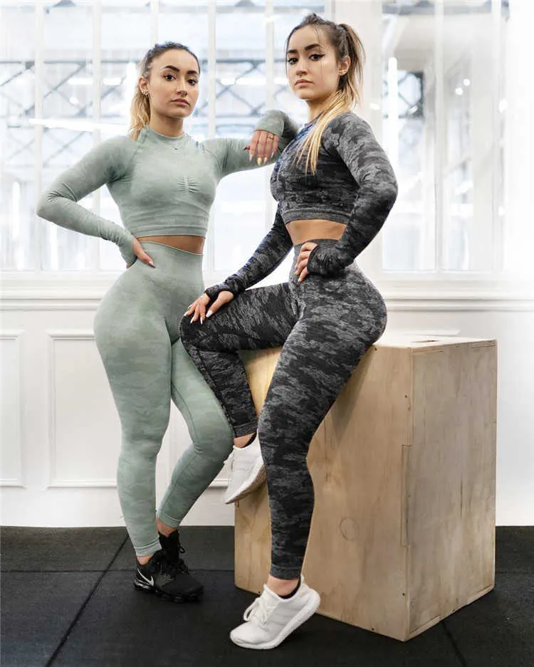 Kobiety 2 Kawałek Zestaw Fitness Dwa Kawałki Zestaw Bez Szwu Biustonosz Top Gym Legginsy Paski Patchwork Moda Kamuflaż 3 Sztuk Dresy Y0625