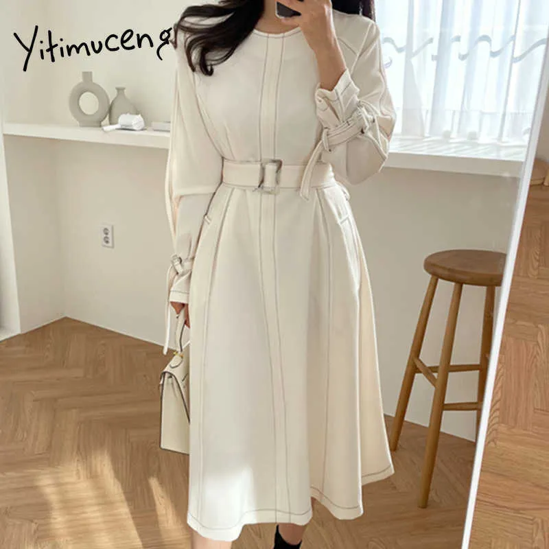 Yitimuceng Midi Dresses for Women Fashion High Waist with Belt Dress Long Sleeve White Black Sundress Spring Office Lady 210601