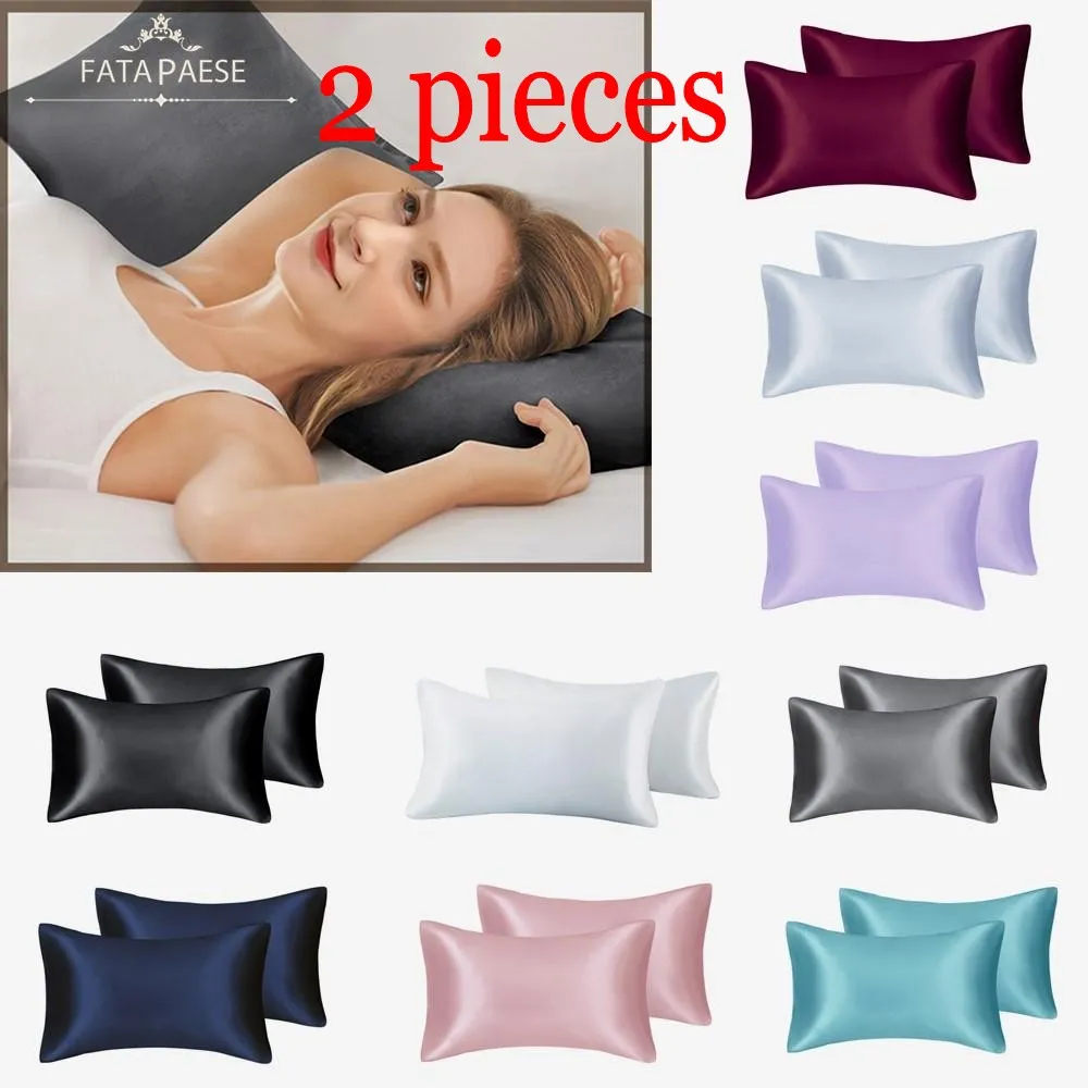 US Stock FATAPAESE Silk Satin Pillow Case for Hair Skin Soft Breathable Smooth Both Sided Silky Covers with Envelope Closure King Queen Standard Size 2pcs HK0001