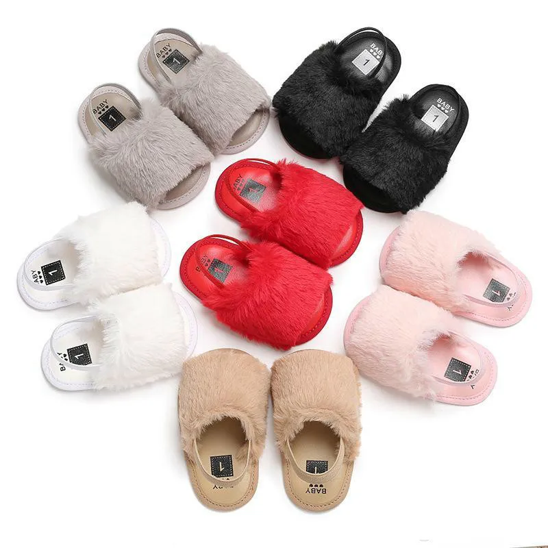 Baby Fur Sandals Baby Slippers Fashion Soft Leather Elastic Band Silicone Antiskid Shoe Kids Top Quality Solid Summer Shaggy Shoes