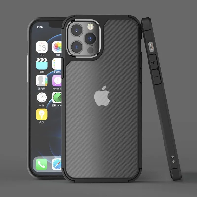 Carbon Fiber Case voor iPhone 14/13/12 Mini/Pro/Max PC Back Soft Bumper Half Clear Mode Telefoon Cover 100pcs/up