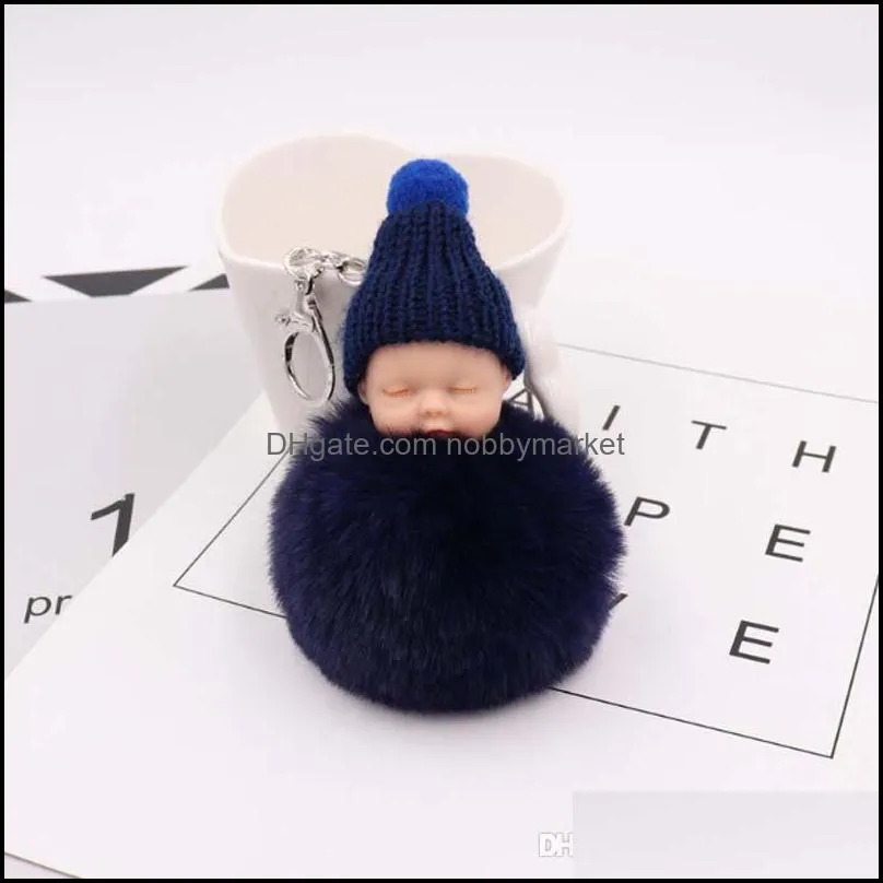 Baby Fur Ball Doll Keychain Sleeping Baby Doll Pompom Rabbit Fur Key Chain Car Keyring Key Holder Charm Jewelry