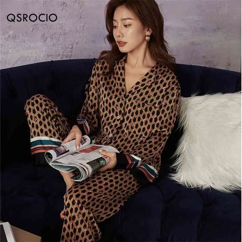 Qsrocio kvinnors pyjamas Set Luxury Instagram Style Fashion Stripes Sleepwear Silk Like Nightgown Leisure Home Clothes Nightwear 210809