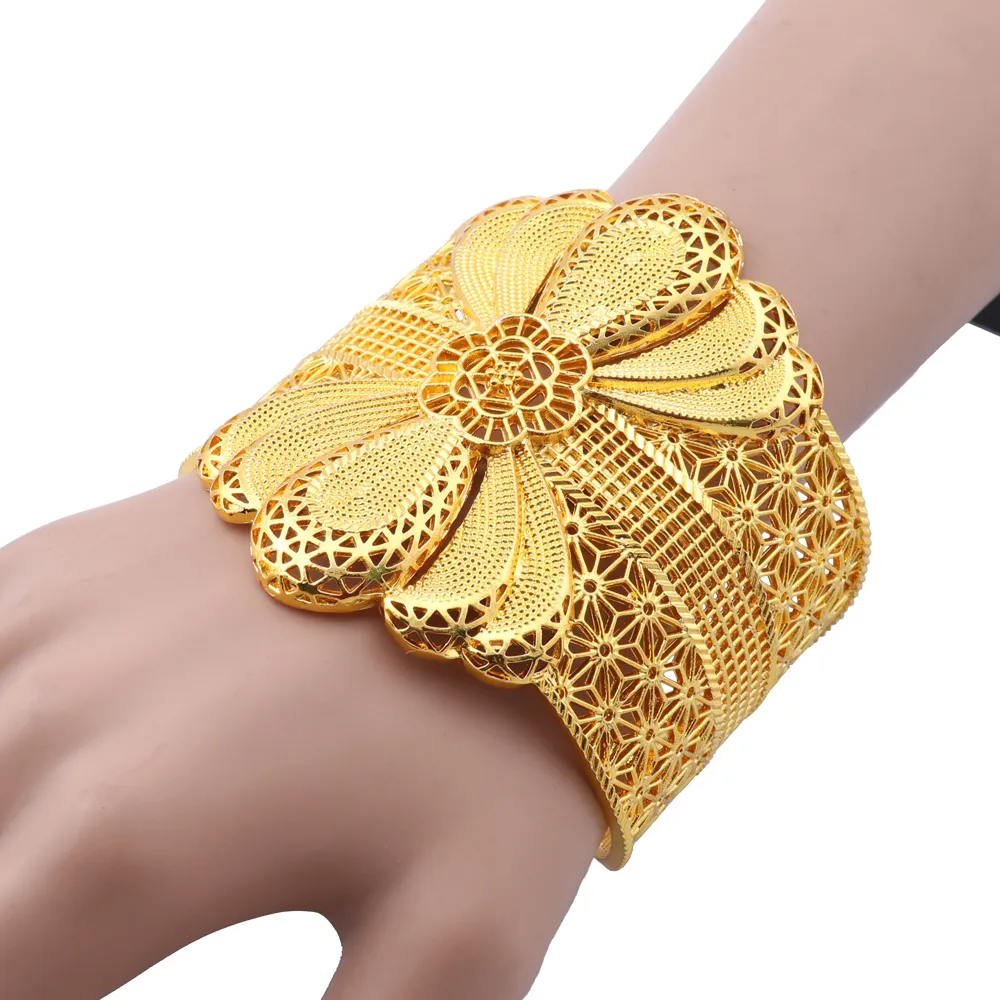 Luxury Indian Big Wide Bangle 24k Gold Color Flower Bangles For Women ...