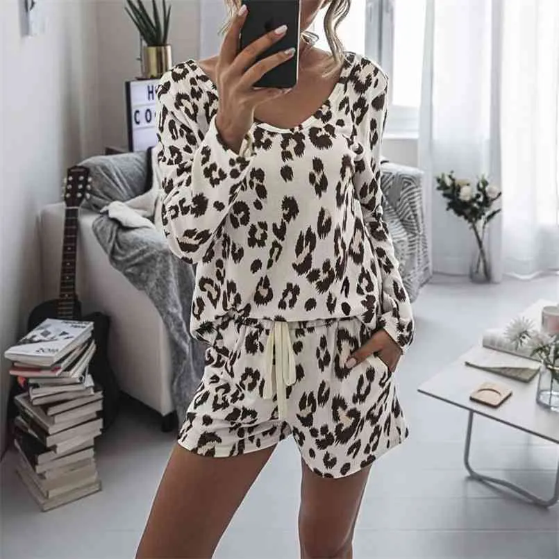 Herbst Leopard Pyjamas Set Frauen Home Wear Loungewear Pjs Schlaf tragen Damen Anzug 210809
