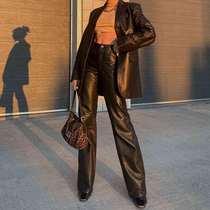 NA-KD x Stephsa straight leg faux leather pants in brown | ASOS