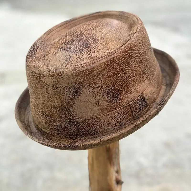 Men Leather Fedora Hat Gentleman Flat Pork Pie Hat For Dad Bowler Jazz Big 4Size S M L XL