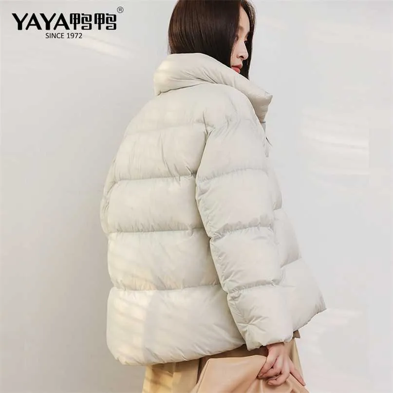 Yaya Winter Duck Down Jacket Mulheres Ultra Light Coat Casual Loose Stand-up Collar Roupas À Prova D 'Água Windproof Warmwear Quente 211008