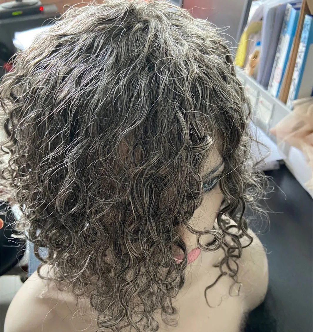 Соль и перец короткие вьющиеся серое закрытие кружевные парики 4x4 hd bob, нахальный пикси порезанный парик для волос с челкой, индийский родичный парик для волос, смешанный черный и серый 14 -й.