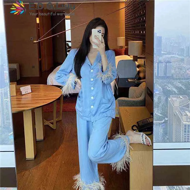 EDGLuLu Light Blue Turn-down Collar Long Sleeve Shirt +feather Full Pants Pajamas Set Women Spring Autumn Suit Black White 0303 211109