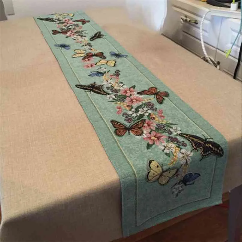 Vintage Butterfly and Flower Rustic Table Runner Jacquard Dining Green Flag Home Wedding Decoration 210628