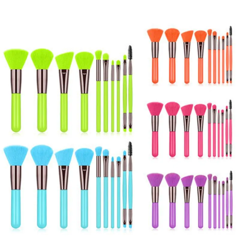 Belas 10pcs Fluorescente Cor Maquiagem Escovas Profissional Pó Fundação Sombra Misturando a Beleza Compõem Ferramentas Escova de Sobrancelha