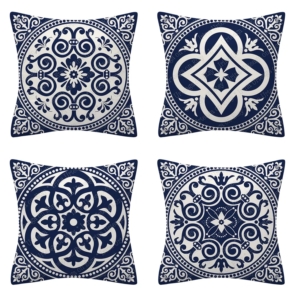 Nordic Navy Blue Bohemian Mandala Blended Kussensloop Moderne Home Decor Kussen Kantoor Sofa Kussens Cover Polyester Geometrische Abstracte Knuffel Kussensloop