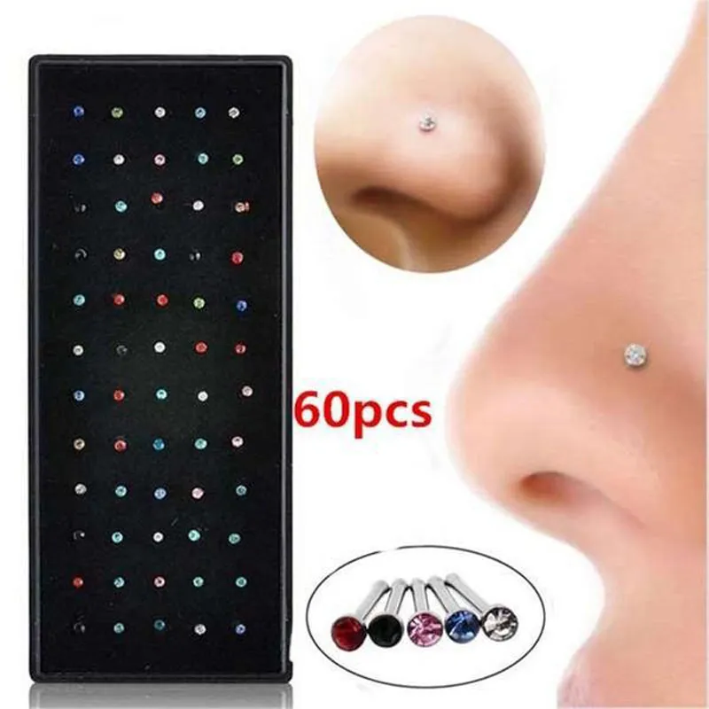 60 stks / set 1.8mm Diamond Neus Studs Mode Roestvrijstalen Rhinestones Piercing Ringen voor Vrouwen