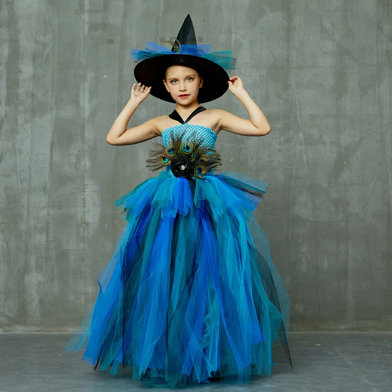 Elegant Peacock Feather Costume Girls Fluffy Layered Peacock Tutu Dress with Witch Hat Kids Pageant Party Ball Gowns Dresses (9)