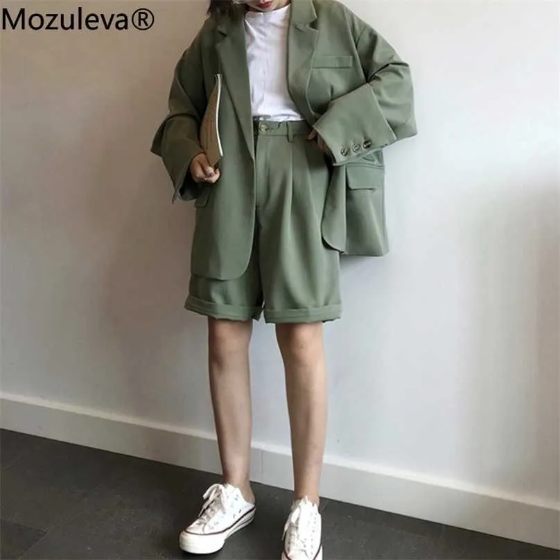Mozuleva vrouwen retro losse blazer sets single-breasted jas potlood shorts 2 stuks vrouwelijke office dames pakken 211106