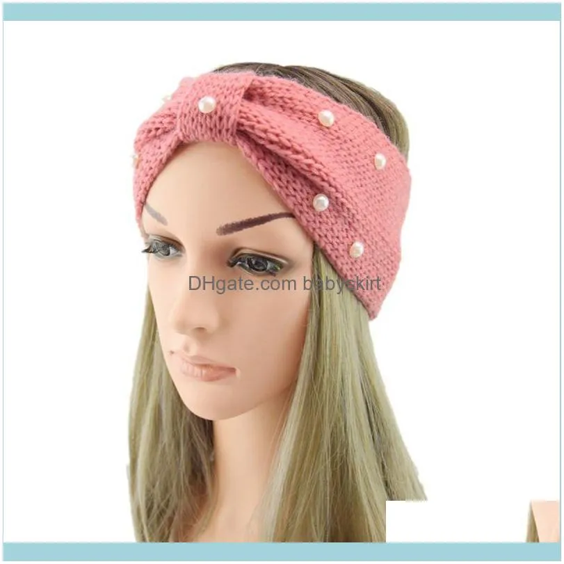 Women Winter Crochet Knitted Headband Solid Color Imitation Pearl Beads Hairband Cute Bowknot Elastic Ear Warmer Turban1