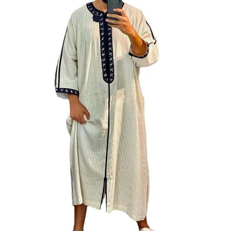 Ethnische Kleidung Stil Abaya Islam Männer Robe Muslimischen Kleider Djellaba Homme Mode Streifen Druck Hemden Arabisch Kleid Männer