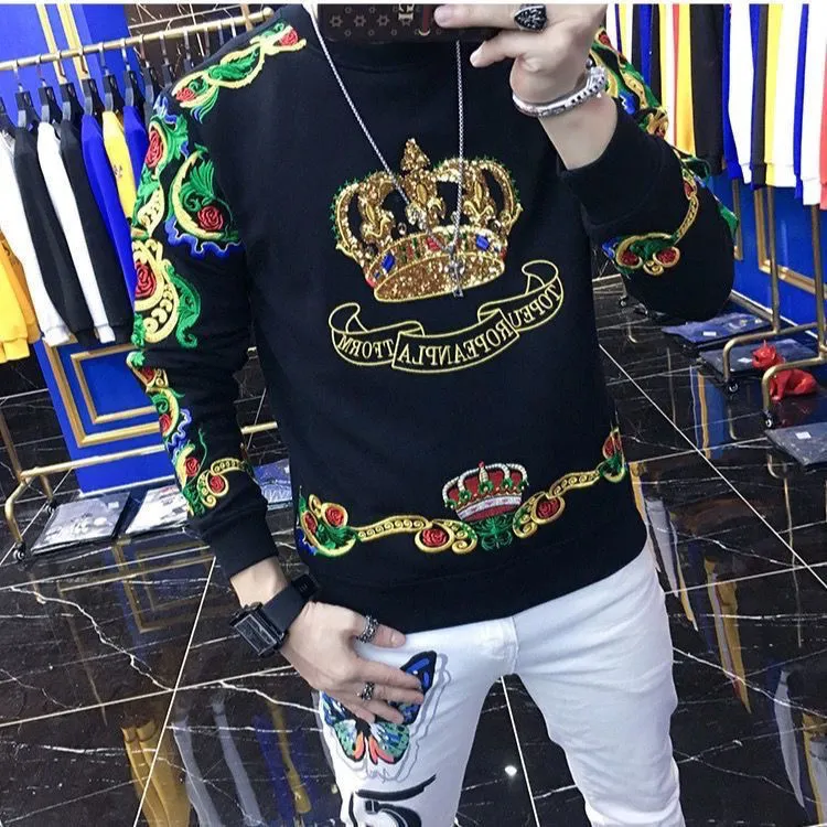 Sweater T Mens Shirts Heavy Industry Embroidered Crown European Long Sleeve T-Shirt Round Neck Bottoming -Shirt