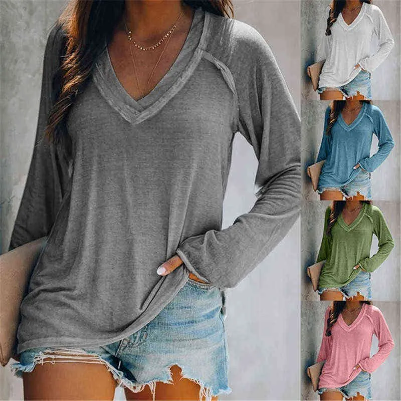 Oversized T-shirt Vrouwen Basic T-shirt V-hals Koreaanse kledingrol Hem Effen Lange Mouw Dames Tops Casual G220228