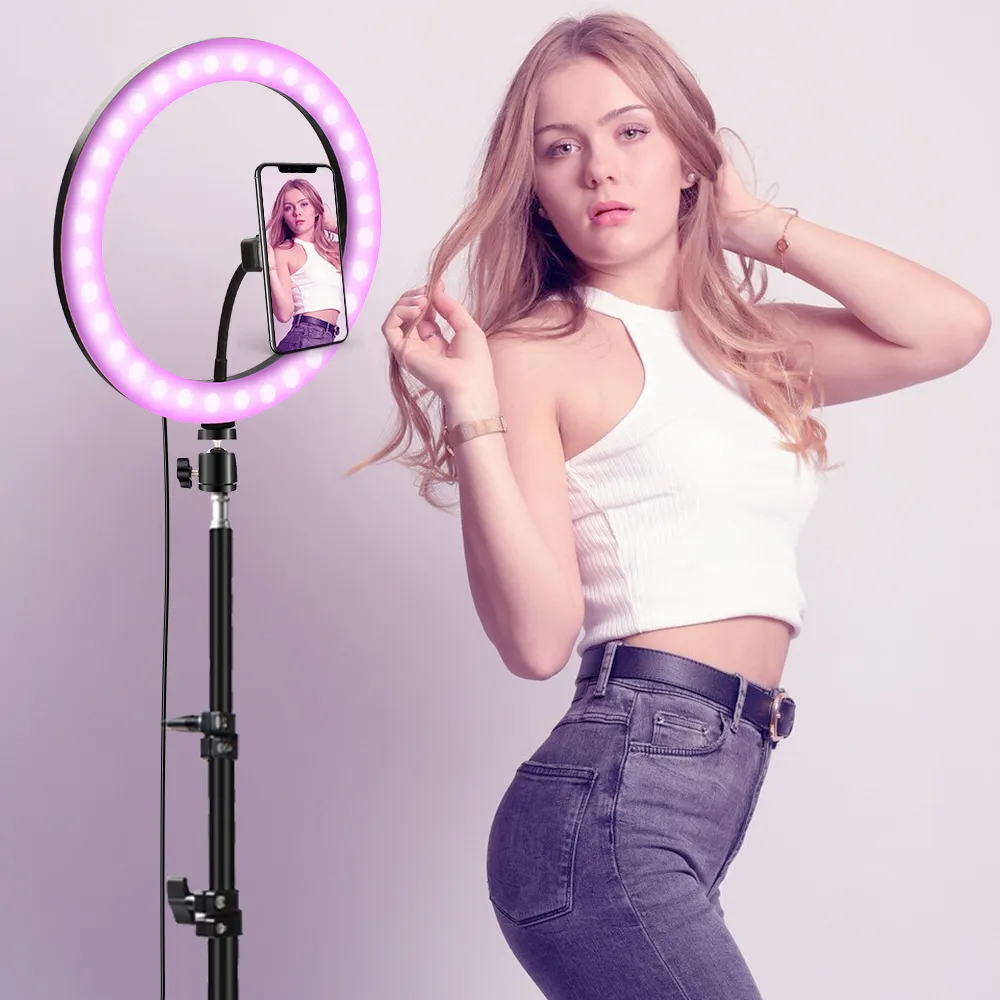 LED Selfie Light Ring Lamp 10 pouces avec trépied Éclairage photographique à intensité variable pour diffusion en direct / maquillage / vidéo Dimmable Beauty 26cm Ringlight yy28