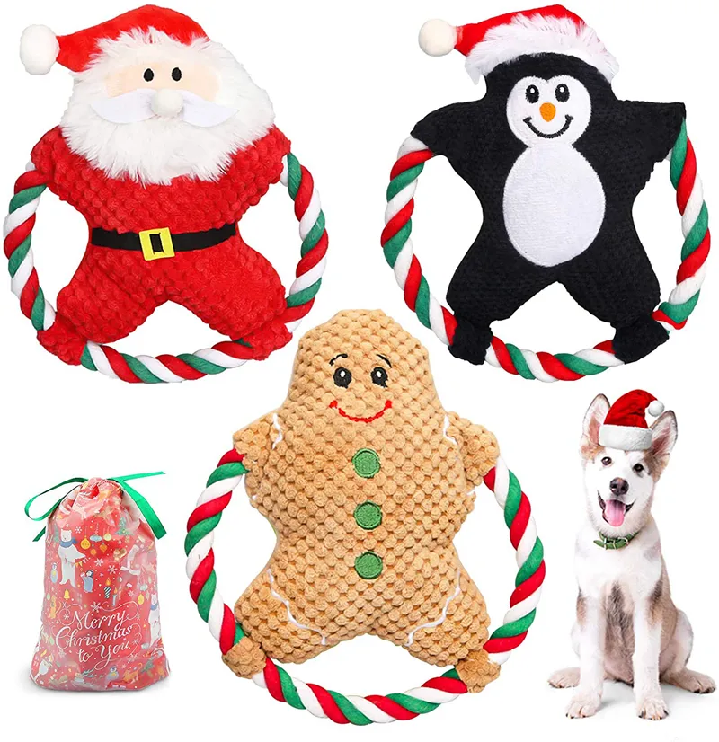 Christmas Squeaky Plush Dog Toys Stuffed Chew Toy with Cotton Rope Tough Puppy Interactive Plaything Set for Small Medium Pets Santa Claus Gingerbread Man H08