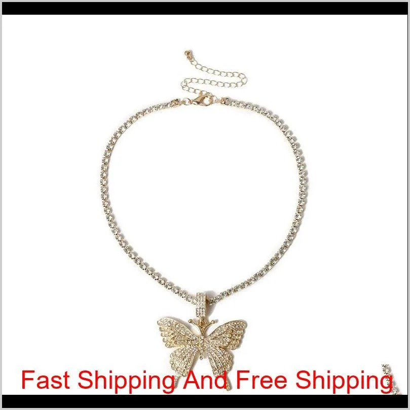 statment big butterfly pendant necklace hip hop iced out rhinestone chain for women bling tennis chain crystal animal choker jewelry