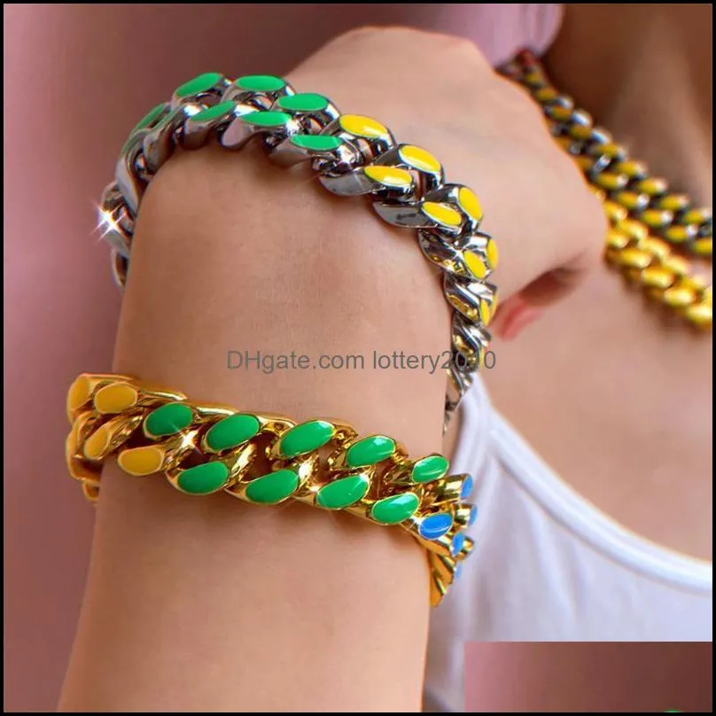 Link, Chain Flatfoosie 13mm Gold Silver Color Cuban Link Bracelet For Women Men Colorful Enamel Chunky Bracelets Punk Hip Hop Jewelry