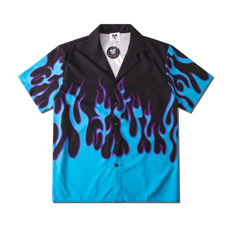 Blue Flame Stampato Camicie hawaiane Uomo Summer Manica Corta Spiaggia Casual Casual Coppia di vacanze Streetwear Hip Hop Harajuku Top 210721